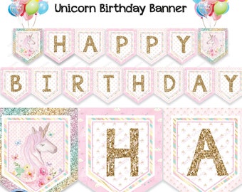 RAINBOW UNICORN Birthday Banner PRINTABLE, Unicorn 1st Birthday, First Birthday Party Decor, Girl Unicorn Pink & Gold, Instant Download