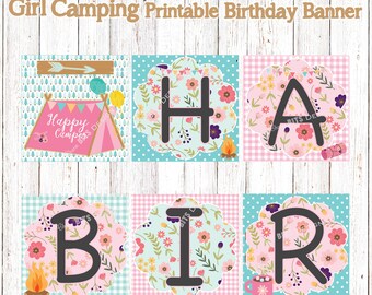 Girl Camping Camper Birthday Banner, Pink Camping Birthday Decor