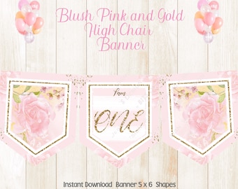 Pink and Gold High Chair Banner, Pink and Gold 1st Birthday Party, Pink and Gold Baby Girl, I am ONE, PRINTABLE