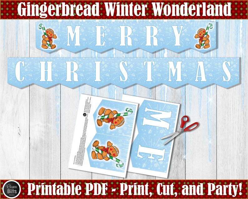 Gingerbread Christmas Banner, Merry Christmas Printable, Gingerbread Man, Winter Wonderland, Winter Holiday Decor, Snowflake Banner image 2