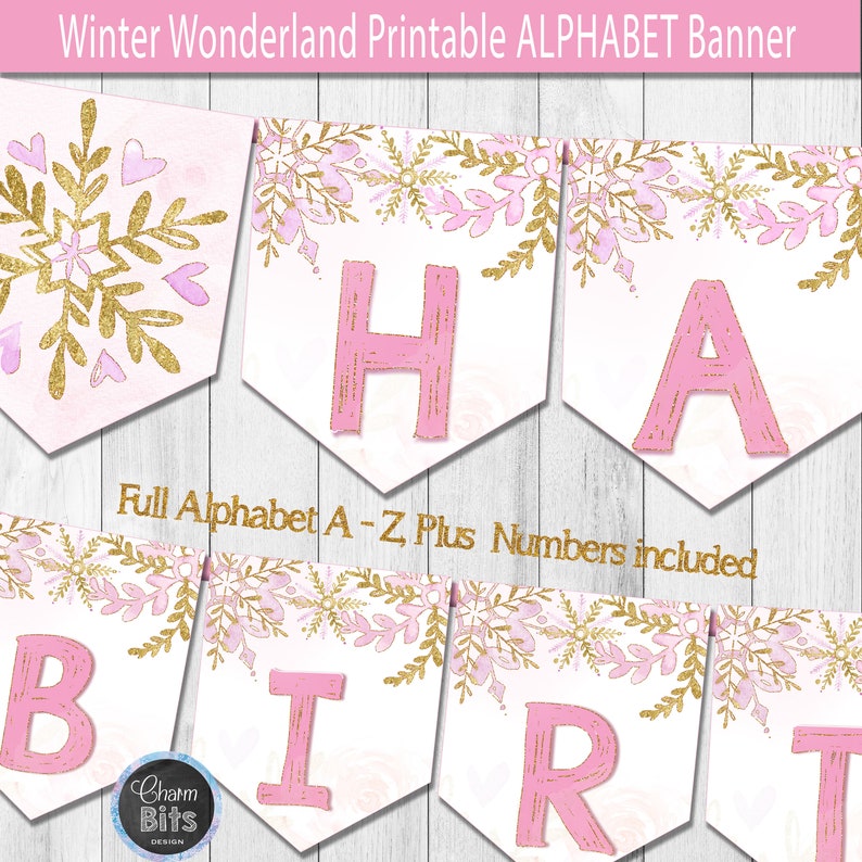 PRINTABLE Alphabet Winter Banners Pink and Gold ONEderland | Etsy