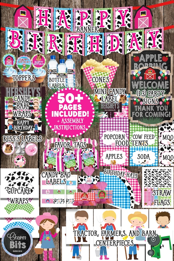 Farm Barnyard Birthday Printable Pack, Pink Farm Party, Girl Barnyard Birthday, Pink Farm Birthday Decor, Printable Farm Decorations Il_570xn