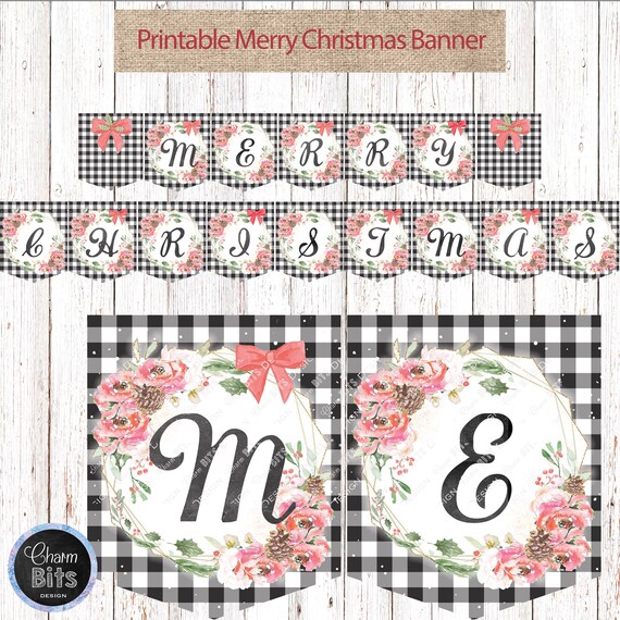 Printable Merry Christmas Buffalo Check Banner, Black & White Christmas Banner, Buffalo Check Christmas Banner Il_570xn