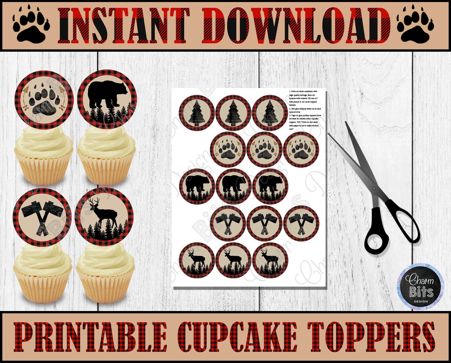 LUMBERJACK CUPCAKE TOPPERS Instant Download 1st Birthday Lumberjack Red ...