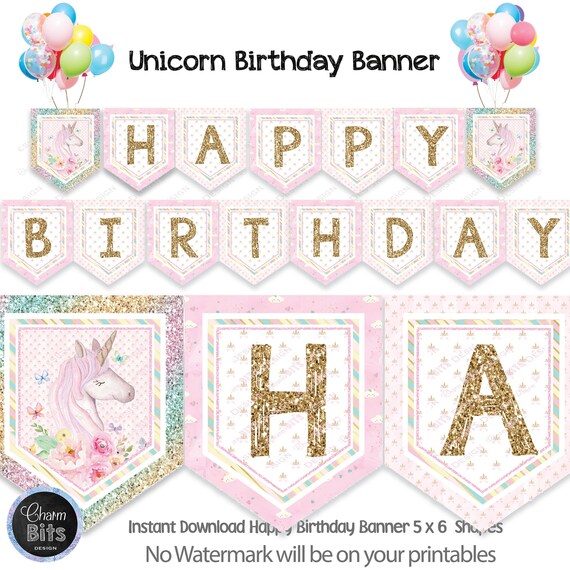 RAINBOW UNICORN Birthday Banner PRINTABLE, Unicorn 1st Birthday, First Birthday Party Decor, Girl Unicorn Pink & Gold, Instant Download Il_570xn