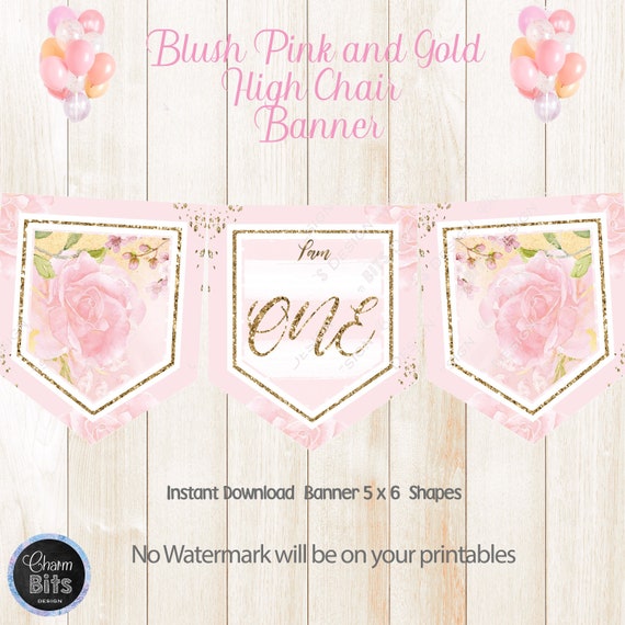 Pink and Gold High Chair Banner, Pink and Gold 1st Birthday Party, Pink and Gold Baby Girl, I am ONE, PRINTABLE Il_570xn
