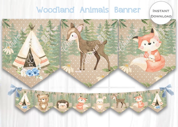 Woodland Animals Printable Banner, Woodland animals Banner, Forest Friends 1st Birthday , Woodland Baby Forest Animals Banner, Baby Shower Il_570xn