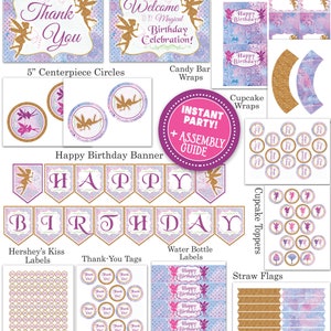 Fairy Birthday Decorations, Fairy Party Decorations, Printable Fairy Birthday Party, Watercolor Fairy Birthday Party, Glittery, Purple, Pink image 2