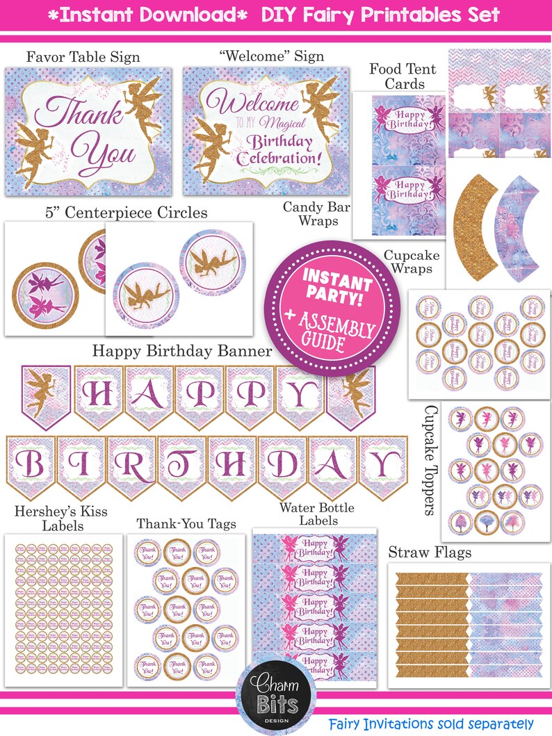 Fairy Birthday Decorations, Fairy Party Decorations, Printable Fairy Birthday Party, Watercolor Fairy Birthday Party, Glittery, Purple, Pink image 2