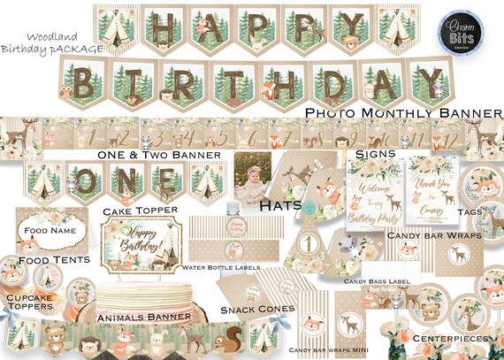 Woodland Birthday Decorations, Woodland Birthday, Digital Woodland Birthday Party, Woodland PRINTABLE Package, Woodland Monthly Photo Banner Il_570xn