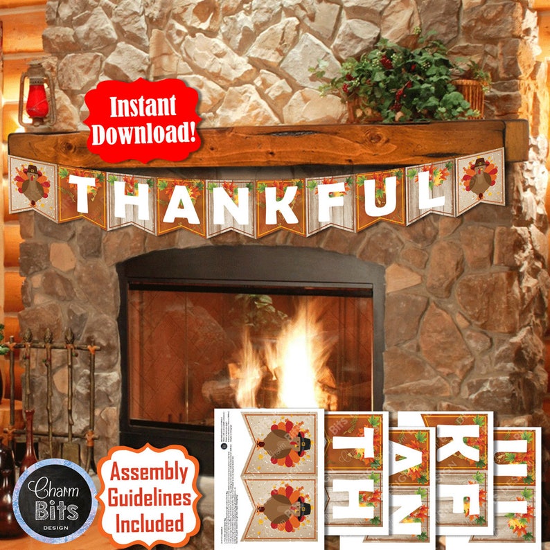 THANKFUL Thanksgiving Fireplace Mantle Banner Printable | Etsy
