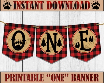 LUMBERJACK ONE BANNER, Instant Download, Lumberjack Highchair Banner, Lumberjack Printable Banner, First Birthday Lumberjack Birthday,