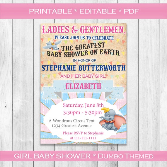 Printable Dumbo Baby Shower Invitation - Pink Gold Light Blue Baby Shower - EDITABLE Girl Dumbo Invitation - Circus Baby Shower Invitation Il_570xn