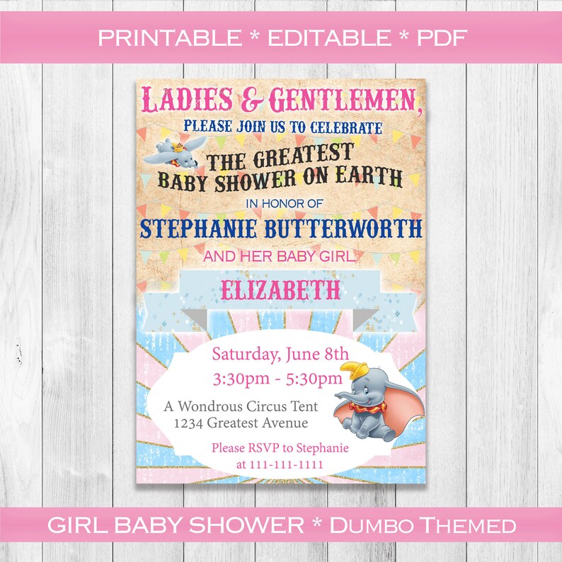 Printable Dumbo Baby Shower Invitation Pink Gold Light Blue Etsy Printable Dumbo Baby Shower Invitation Pink Gold Light Blue Etsy