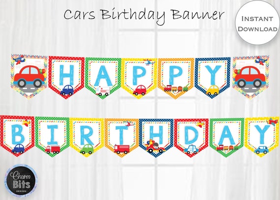 Transportation Birthday Banner, First Birthday Banner, 2nd PRINTABLE Birthday Banner, Car, Truck, train, Transportation Party, DIGITAL Il_570xn