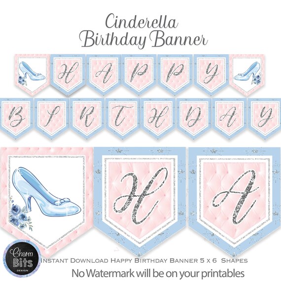 Cinderella Birthday Banner, Princess Birthday Banner, 1st Birthday Party, Blue and Silver PRINTABLE Banner, Girl Birthday Banner Il_570xn