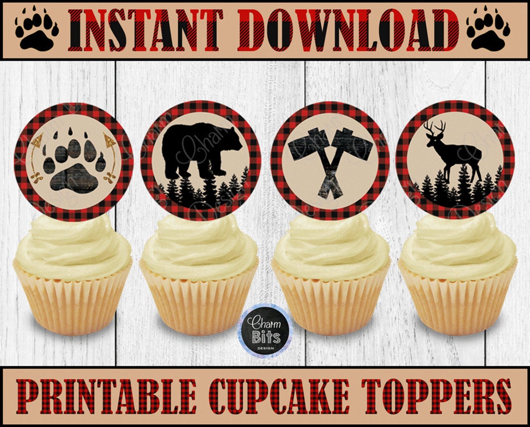 LUMBERJACK CUPCAKE TOPPERS Instant Download 1st Birthday Lumberjack Red ...