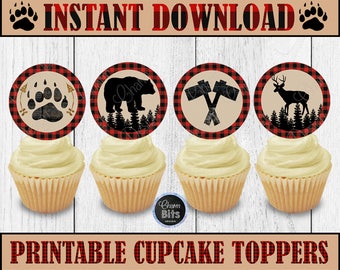 LUMBERJACK CUPCAKE TOPPERS - Instant Download - 1st Birthday Lumberjack - Red Flannel Decorations - Lumberjack Printable Cupcake Toppers
