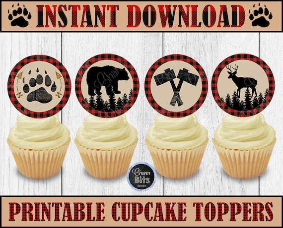 LUMBERJACK CUPCAKE TOPPERS - Instant Download - 1st Birthday Lumberjack - Red Flannel Decorations - Lumberjack Printable Cupcake Toppers Il_570xn