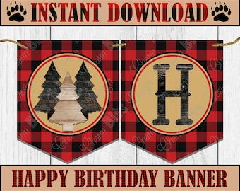 LUMBERJACK HAPPY BIRTHDAY Banner - Instant Download - 1st Birthday Lumberjack - Lumberjack Birthday Banner - Printable Lumberjack Banner