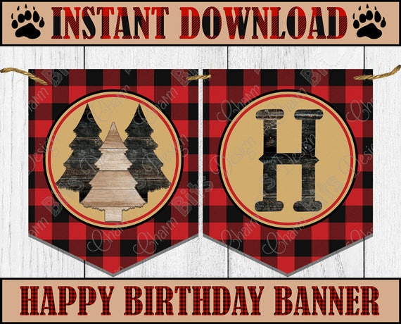 LUMBERJACK HAPPY BIRTHDAY Banner - Instant Download - 1st Birthday Lumberjack - Lumberjack Birthday Banner - Printable Lumberjack Banner Il_570xn