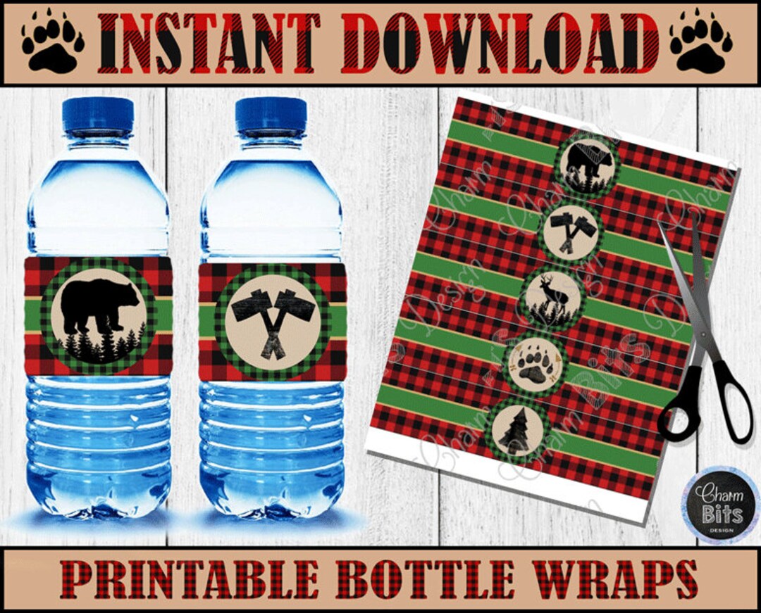 LUMBERJACK Water Bottle Labels Instant Download 1st Birthday Lumberjack Buffalo Plaid Decor ...