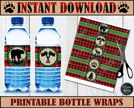 LUMBERJACK Water Bottle Labels - Instant Download - 1st Birthday Lumberjack - Buffalo Plaid Decor - Lumberjack Printable Bottle Wraps Il_570xn