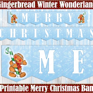 Gingerbread Christmas Banner, Merry Christmas Printable, Gingerbread Man, Winter Wonderland, Winter Holiday Decor, Snowflake Banner