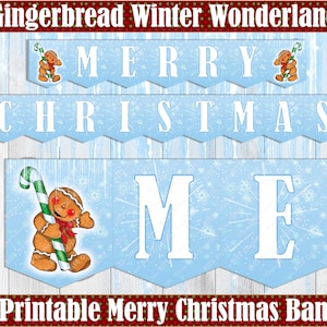 Gingerbread Christmas Banner, Merry Christmas Printable, Gingerbread Man, Winter Wonderland, Winter Holiday Decor, Snowflake Banner image 1