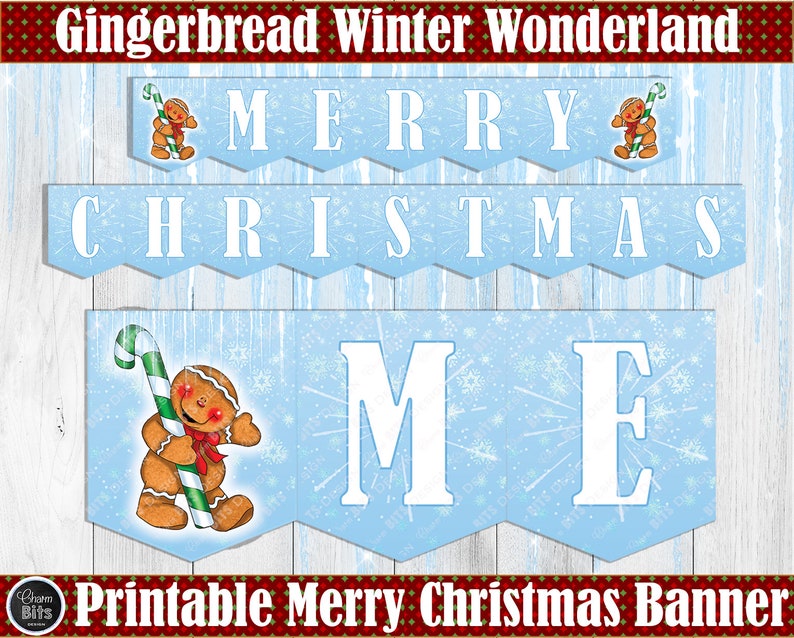 Gingerbread Christmas Banner, Merry Christmas Printable, Gingerbread Man, Winter Wonderland, Winter Holiday Decor, Snowflake Banner image 1