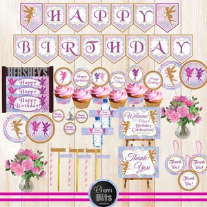 Fairy Birthday Decorations, Fairy Party Decorations, Printable Fairy Birthday Party, Watercolor Fairy Birthday Party, Glittery, Purple, Pink image 1