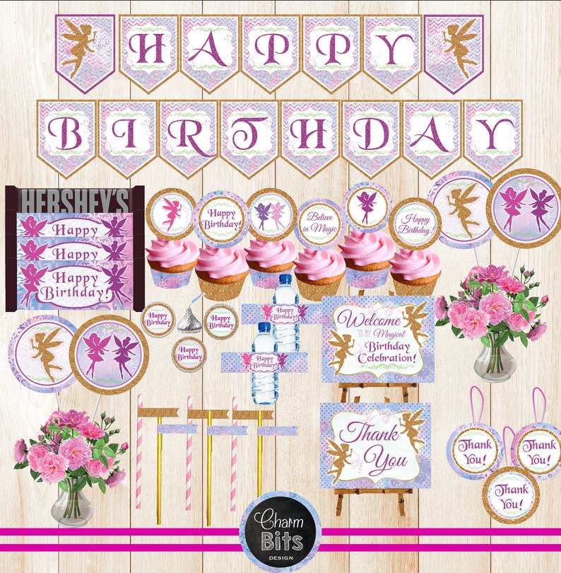 Fairy Birthday Decorations, Fairy Party Decorations, Printable Fairy Birthday Party, Watercolor Fairy Birthday Party, Glittery, Purple, Pink image 1