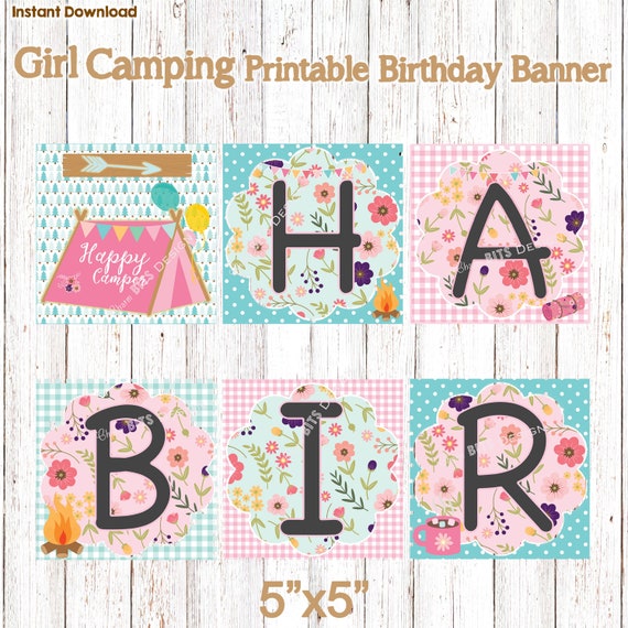 Girl Camping Camper Birthday Banner, Pink Camping Birthday Decor Il_570xn