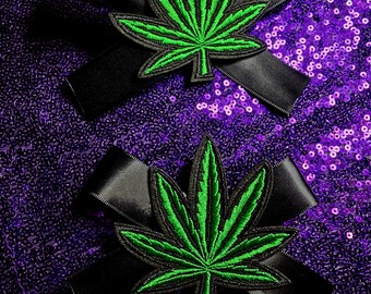 Feito sob encomenda - Presilhas de cabelo com laço em formato de folha de maconha, estilo kawaii, para quem curte maconha, com tema de morto-vivo (conjunto)