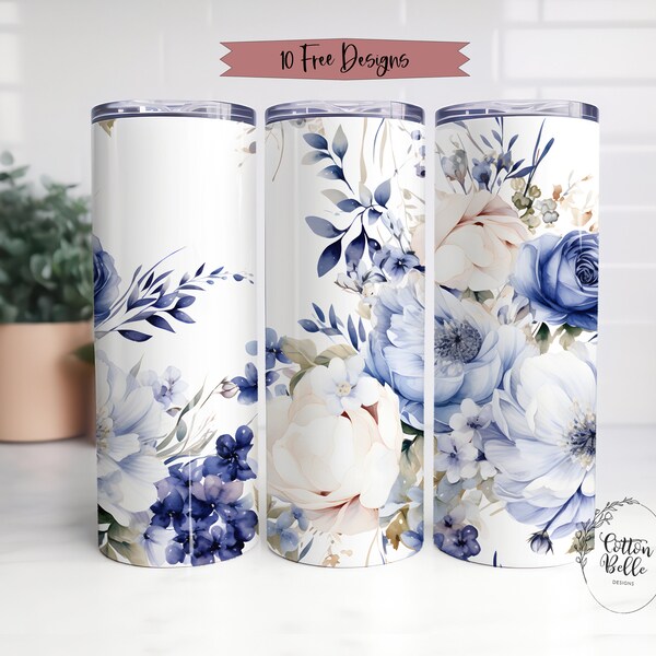 Watercolor Blue Rose Tumbler Wrap, 20oz Skinny Tumbler Sublimation Design, Digital Blue Floral Download for Straight Tumblers