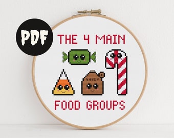 buddy the elf cross stitch pattern. four main food groups. cute kawaii christmas decor. funny candy cane, candy corn, diy art. holiday gift.