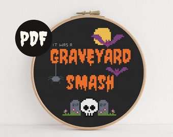 graveyard smash cross stitch pattern. funny halloween monster art. graveyard, bat, spider, skull. spooky, spoopy art. october, autumn decor.