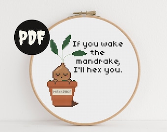 don't wake the mandrake nursery cross stitch pattern. magical witch/wizard cottagecore decor. funny diy baby shower gift. crib wall art.