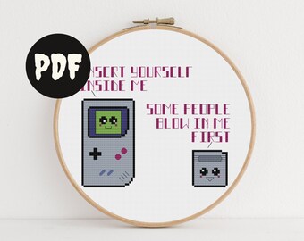 naughty handheld game cross stitch pattern. funny retro video game room art. geek gamer anniversary gift. nsfw blow in me diy twitch decor.