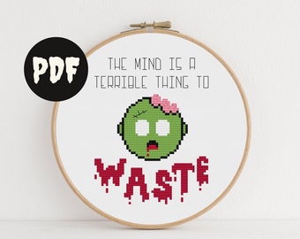 motivational zombie cross stitch pattern. funny diy halloween decor. glow in the dark kawaii horror. teacher, office gift.