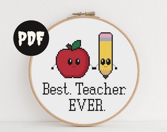 best teacher ever cross stitch pattern. kawaii apple, pencil classroom art. teacher appreciation week gift. diy educator office, desk decor.