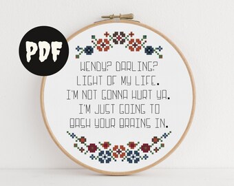 wendy darling cross stitch pattern. halloween, horror movie diy decor. the shining quote wall art. subversive, nsfw, vintage flower.