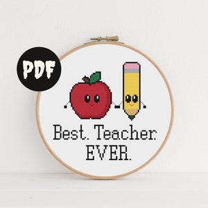 best teacher ever cross stitch pattern. kawaii apple, pencil classroom art. teacher appreciation week gift. diy educator office, desk decor.