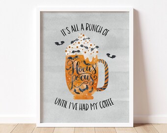 it's all a bunch of hocus pocus coffee cup halloween digital print. orange, black spooky snarky kitchen wall art. modern station home decor.