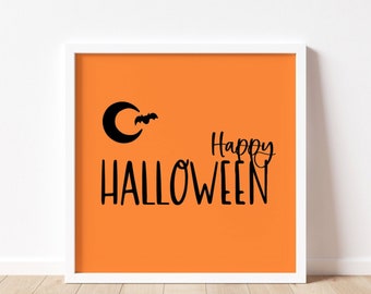 happy halloween digital print. minimalist spooky home decor. orange and black printable wall art