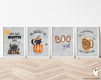 halloween home digital wall art set. sweet haunted home. all hallows eve. black cat, pumpkin art. funny boo y'all ghost print for kids.