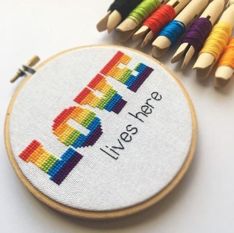 Gay pride cross stitch pattern lgbt love lives here rainbow  etsy