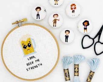 lord beer me strength cross stitch pattern. jim the office quote art. cute, funny kawaii beer art. bar, office, desk gift, dwight.