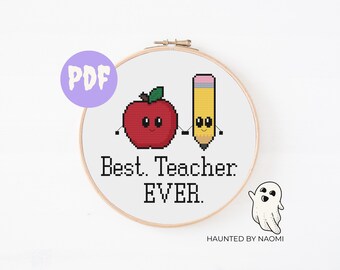 kruissteekpatroon beste leraar ooit. schattige appel, potlood leraar waardering week klas cadeau. onderwijsbureau, bureaukunst.