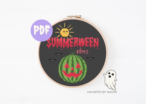 summerween cross stitch pattern. jack o melon, bats, halloween diy decor. cute kawaii watermelon summer wall art. digital pdf.